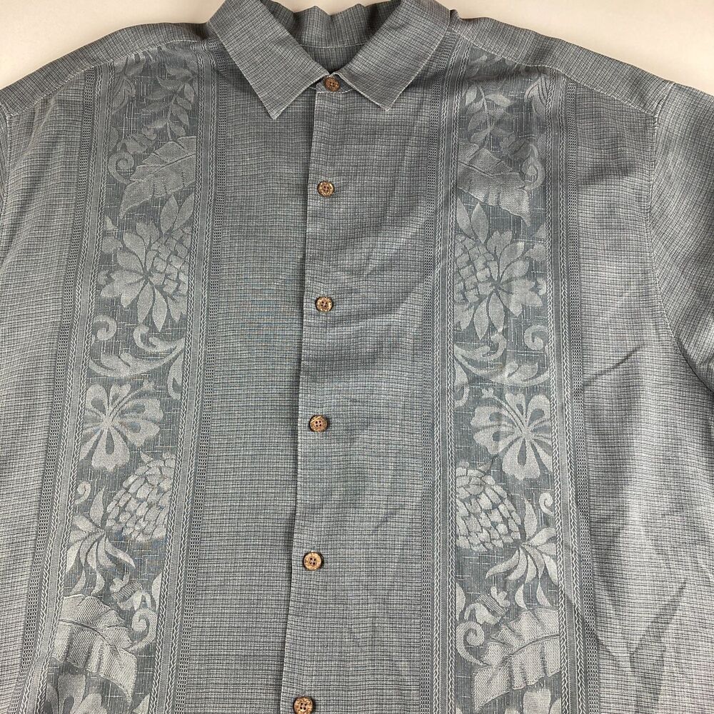 Tommy Bahama Mens 2XB 100% Silk Camp Shirt Gray Blue Jacquard Tropical Big Tall